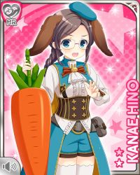 Rule 34 | 1girl, angry, blouse, blue eyes, bow, braid, braided ponytail, brown bow, brown hair, card (medium), carrot, character name, corset, girlfriend (kari), glasses, green shorts, hino kanae, lance, official art, open mouth, pink background, polearm, qp:flapper, rabbit ears, rabbit girl, shirt, shorts, tagme, v-shaped eyebrows, weapon, white shirt