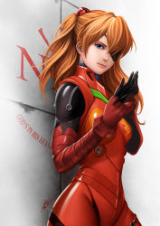 Rule 34 | 1girl, blue eyes, bodysuit, brown hair, commentary, curvy, evangelion: 3.0 you can (not) redo, eyepatch, gloves, highres, long hair, looking at viewer, neon genesis evangelion, okita, orange hair, plugsuit, rebuild of evangelion, red bodysuit, shiny clothes, smile, solo, souryuu asuka langley, standing, thighs, wall, wide hips
