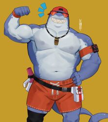 Rule 34 | 1boy, armband, backwards hat, bara, baseball cap, belly, blue skin, colored skin, cowboy shot, cross scar, fins, first aid kit, fish tail, flexing, fortnite, furry, furry male, grin, hand on own hip, hat, highres, kou (ixkouu), large pectorals, looking at viewer, male focus, male swimwear, megaphone, multicolored skin, muscular, muscular male, navel, nipples, notice lines, orange background, pectorals, plump, red-tinted eyewear, red armband, red male swimwear, scar, scar on shoulder, shark boy, shark tail, sharp teeth, signature, simple background, smile, solo, standing, steve (fornite), tail, teeth, tinted eyewear, topless male, two-tone skin, watch, whistle, whistle around neck, wristwatch