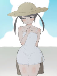 Rule 34 | 1girl, arm behind back, breasts, briefcase, brown eyes, brown hair, cloud, day, dress, hand up, hat, looking at viewer, original, outdoors, ramoni, small breasts, solo, straw hat, sun hat, thighs together, twintails, white dress