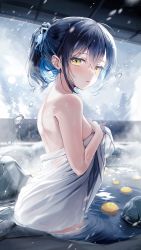 Rule 34 | 1girl, absurdres, back, bare arms, bare shoulders, black hair, blue hair, blush, breasts, food, from side, fruit, hair between eyes, highres, looking at viewer, looking to the side, medium breasts, multicolored hair, naked towel, onsen, original, parted lips, ponytail, revision, rock, short hair, sidelocks, solo, standing, steam, streaked hair, towel, wading, water, wet, yellow eyes, yunmi 0527, yuzu (fruit), yuzu bath