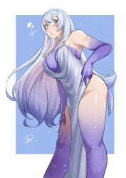 Rule 34 | 1girl, absurdres, breasts, colored inner hair, commentary, deliciousbrain, dress, feet out of frame, grey dress, grey eyes, grey hair, highres, large breasts, long hair, looking at viewer, multicolored hair, original, purple hair, sleeveless, sleeveless dress, solo, standing, very long hair