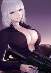 Rule 34 | 1girl, artist name, bandaged neck, bandages, breasts, cleavage, collarbone, drum magazine, filha, girls&#039; frontline, gun, highres, holding, holding weapon, light machine gun, lips, looking at viewer, machine gun, magazine (weapon), medium breasts, medium hair, open clothes, open shirt, purple eyes, purple shirt, rpk, rpk-16, rpk-16 (girls&#039; frontline), rpk-16 (renate) (girls&#039; frontline), shirt, simple background, smile, solo, weapon, white hair