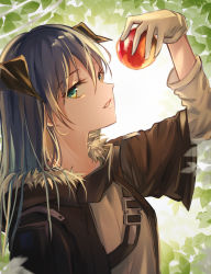 Rule 34 | 1girl, apple, arknights, beige gloves, beige shirt, black hair, commentary, female focus, food, from side, fruit, fur trim, gloves, green eyes, hair between eyes, haku wi, highres, holding, holding food, holding fruit, leaf, long hair, looking at viewer, looking to the side, mostima (arknights), open mouth, parted lips, solo, strap, upper body