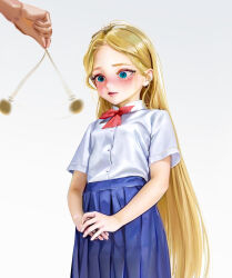 Rule 34 | 1girl, 1other, @ @, absurdres, blonde hair, blue eyes, blue skirt, blush, borrowed character, breasts, buttons, collared shirt, cowboy shot, hair behind ear, highres, hypnosis, long hair, looking at object, mind control, neck ribbon, original, own hands together, parted hair, parted lips, pendulum, pleated skirt, red ribbon, ribbon, sasha (haguhagu), shirt, shirt tucked in, short sleeves, skirt, small breasts, solo focus, standing, straight hair, sweetonedollar, very long hair, white shirt