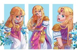 Rule 34 | 1girl, absurdres, aqua eyes, armor, bead necklace, beads, belt, blonde hair, blue eyes, blunt bangs, blush, breasts, calilo, cape, circlet, dress, earrings, eyebrows, eyeliner, female focus, gem, highres, jewelry, light blush, light smile, lips, long hair, looking at viewer, looking back, makeup, medium breasts, multiple views, neck, necklace, nintendo, open mouth, parted bangs, pauldrons, pink dress, pointy ears, princess zelda, short sleeves, shoulder armor, sidelocks, smile, teeth, the legend of zelda, the legend of zelda: a link between worlds, the legend of zelda: a link to the past, triforce, triforce earrings, two-tone dress, upper teeth only, vambrace, white dress