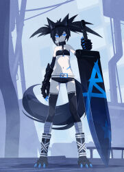 Rule 34 | 32zzz, animal ears, black bra, black gloves, black hair, black hairband, black rock shooter, black rock shooter (character), black shorts, black thighhighs, blue eyes, bra, chain, claws, collar, elbow gloves, gloves, hair between eyes, hairband, highres, navel, scar, scar on chest, scar on stomach, short shorts, shorts, sidelocks, stitches, tail, thighhighs, twintails, underwear, uneven twintails, wolf ears, wolf tail