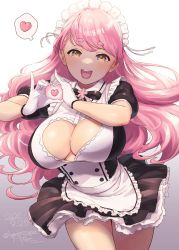 Rule 34 | 1girl, absurdres, aizono manami, apron, black dress, breasts, cleavage, cleavage cutout, clothing cutout, dress, frilled apron, frills, gloves, heart, heart-shaped pupils, heart cutout, heart hands, herio, highres, large breasts, long hair, maid, maid headdress, nijisanji, open mouth, pink hair, puffy sleeves, short eyebrows, short sleeves, signature, simple background, solo, spoken heart, symbol-shaped pupils, very long hair, virtual youtuber, waist apron, white gloves, yellow eyes