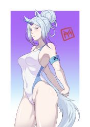 Rule 34 | 1girl, absurdres, animal ears, armband, arms behind back, blue armband, blue background, blue nails, blush, breasts, colored eyelashes, competition swimsuit, cowboy shot, elder dragon, fingernails, from side, gradient background, gradient hair, grey hair, hair bun, highleg, highleg swimsuit, highres, horns, impossible clothes, impossible swimsuit, kirin (monster hunter), looking at viewer, medium breasts, monster hunter, monster hunter: world, monster hunter (series), multicolored hair, nail polish, navel, one-piece swimsuit, outline, pink lips, purple background, purple hair, red eyes, shiny skin, sidelocks, single hair bun, single horn, solo, stretching, swimsuit, tail, thighs, two-tone background, white background, white one-piece swimsuit, yamanata