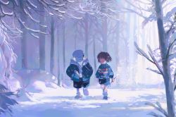 Rule 34 | 1boy, 1other, = =, absurdres, ambiguous gender, black shorts, blue jacket, blue shorts, blue sweater, brown hair, child, chinese commentary, closed eyes, coat, commentary request, dappled sunlight, expressionless, feisekong286, forest, frisk (undertale), hand in pocket, highres, holding, holding stick, hood, hood down, hooded jacket, jacket, long sleeves, looking at another, nature, one eye closed, outdoors, sans (undertale), scenery, short hair, shorts, skeleton, smile, snow, stick, sunlight, sweater, tree, turtleneck, turtleneck sweater, undertale, walking, wide shot, winter, winter clothes, winter coat