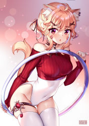 Rule 34 | 1girl, animal ear fluff, animal ears, bare shoulders, blonde hair, breasts, cat ears, cat girl, commentary, covered navel, cowboy shot, facial mark, gradient background, hair ornament, hand up, highres, hoop, hula hoop, lens flare, leotard, long sleeves, looking at viewer, medium breasts, off-shoulder leotard, off shoulder, original, parted lips, pink background, red eyes, ribbed leotard, short hair, skindentation, solo, squchan, standing, tail, thigh strap, thighhighs, thighs, virtual youtuber, whisker markings, white background, white thighhighs