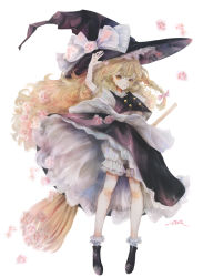 Rule 34 | 1girl, black footwear, black hat, black skirt, black vest, blonde hair, bloomers, bobby socks, boots, bow, braid, broom, buttons, closed mouth, commentary, cross-laced footwear, flower, frilled hat, frills, full body, hand up, hat, hat bow, highres, kirisame marisa, long hair, looking at viewer, pink bow, pink flower, puffy short sleeves, puffy sleeves, sakura-wazaki, shirt, short sleeves, signature, simple background, single braid, skirt, socks, solo, touhou, underwear, very long hair, vest, white background, white bow, white shirt, white socks, witch hat, yellow eyes