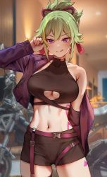 Rule 34 | 1girl, :q, absurdres, arm behind back, artist name, belt, black shorts, black thighhighs, blurry, blurry background, breasts, closed mouth, clothing cutout, collarbone, commentary, covered collarbone, cowboy shot, cropped jacket, foxyreine, genshin impact, green hair, hair between eyes, hand up, highres, indoors, jacket, kuki shinobu, large breasts, linea alba, long sleeves, looking at viewer, motor vehicle, motorcycle, navel, no mask, o-ring, open clothes, open jacket, patreon logo, patreon username, purple eyes, rope, shimenawa, short shorts, shorts, signature, single bare shoulder, skindentation, solo, standing, tassel, thighhighs, thighs, toned, tongue, tongue out, underboob, underboob cutout, watermark, web address, zipper, zipper pull tab