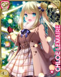 Rule 34 | 1girl, black thighhighs, blonde hair, blue bow, blue eyes, bow, brown coat, brown dress, card (medium), character name, chloe lemaire, coat, dress, full moon, girlfriend (kari), lights, long hair, moon, night, official art, open mouth, outdoors, qp:flapper, smile, solo, standing, tagme, thighhighs, tree, winter clothes, winter coat