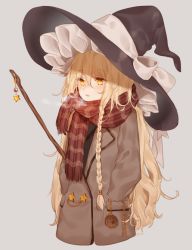 Rule 34 | 1girl, artist name, black hat, blonde hair, blush, bow, braid, breath, broom, buttons, charm (object), coat, cowboy shot, eyebrows, eyes visible through hair, frilled hat, frills, grey background, hair bow, hair ornament, hair tie, hajin, hands in pockets, hat, hat bow, kirisame marisa, long braid, long hair, long sleeves, messy hair, mini-hakkero, parted lips, plaid, plaid scarf, scarf, side braid, simple background, single braid, solo, steam, touhou, very long hair, winter clothes, winter coat, witch hat, yellow eyes