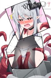 Rule 34 | 1girl, arknights, bare shoulders, black choker, black dress, choker, collarbone, dress, grey hair, highres, holiday (pangjelly), horns, jewelry, long hair, monster, mudrock (arknights), multiple views, navel, necklace, open mouth, panties, pointy ears, red eyes, sleeveless, sleeveless dress, tentacle sex, tentacles, tentacles under clothes, underwear, very long hair, white panties, x-ray