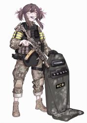 Rule 34 | 1girl, alma01, bad id, bad twitter id, bandaid, bandaid on face, body armor, boots, camouflage, camouflage jacket, camouflage pants, candy, commentary request, food, full body, gloves, glowing, glowing eyes, gun, hair ribbon, highres, holding, holding gun, holding weapon, jacket, knee pads, lollipop, looking at viewer, military, mole, mouth hold, original, pants, pants rolled up, pink eyes, pink ribbon, pp-19-01 vityaz, ribbon, sharp teeth, shield, short hair, sidelocks, single glove, solo, submachine gun, teeth, trigger discipline, twintails, walkie-talkie, weapon, white background