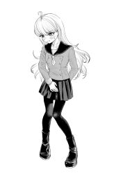 Rule 34 | 1boy, 720 (67ojz36kim5116), ahoge, arm behind back, blush, commentary request, crossdressing, full body, greyscale, highres, long hair, long sleeves, looking down, male focus, master detective archives: rain code, monochrome, neckerchief, official alternate costume, open mouth, pantyhose, pleated skirt, sailor collar, school uniform, serafuku, simple background, skirt, solo, spoilers, standing, sweatdrop, trap, white background, yuma kokohead