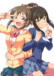 Rule 34 | &gt;:d, 2girls, black hair, blazer, blue skirt, blush, bow, breasts, brown hair, collar, commentary request, finger gun, green eyes, green skirt, hair bow, hair ornament, hair scrunchie, hamaguchi ayame, hood, hooded jacket, hori yuuko, idolmaster, idolmaster cinderella girls, jacket, locked arms, long hair, long sleeves, looking at viewer, medium breasts, multiple girls, neckerchief, open clothes, open jacket, open mouth, pink scrunchie, pleated skirt, red bow, red eyes, sailor collar, school uniform, scrunchie, simple background, skirt, smile, striped, striped bow, susutaketakumi, thighs, unzipped, v, v-shaped eyebrows, v over eye, white background, white neckerchief, yellow jacket