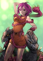 Rule 34 | 1girl, animal, arm up, arms behind back, bare shoulders, breasts, chienon, corruption, dark persona, evil, fangs, fangs out, final fantasy, final fantasy v, gem, hair between eyes, highres, lenna charlotte tycoon, looking at viewer, medium breasts, medium hair, melusine, nail polish, petting, pink hair, possessed, possession, red eyes, shaded face, snake, solo, tentacles, tongue, tongue out