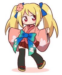 Rule 34 | + +, 1girl, black thighhighs, blonde hair, blue bow, blush, bow, brown footwear, chibi, closed mouth, commentary request, flower, full body, hair bow, hair flower, hair ornament, hands up, head tilt, japanese clothes, kimono, long hair, long sleeves, naga u, pink flower, pink kimono, red eyes, red skirt, sandals, shadow, short kimono, sidelocks, skirt, sleeves past wrists, smile, solo, standing, standing on one leg, suzume (tanken driland), tanken driland, thighhighs, twintails, white background, wide sleeves, zouri