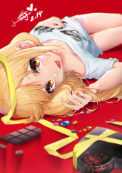 Rule 34 | 1girl, arm up, bare shoulders, blonde hair, box, brown eyes, candy, chocolate, chocolate bar, commentary request, food, futaba anzu, gift, gift box, hand in own hair, heart-shaped box, highres, idolmaster, idolmaster cinderella girls, long hair, looking at viewer, low twintails, lying, off shoulder, on back, parted lips, pink shorts, red background, red lips, shirt, short shorts, short sleeves, shorts, smile, solo, twintails, valentine, white shirt, xiaoyu