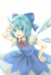 Rule 34 | 1girl, blue eyes, blue hair, bow, cirno, dress, hair bow, hand on forehead, hand on own hip, highres, looking at viewer, matching hair/eyes, open mouth, puffy short sleeves, puffy sleeves, ribbon, ritsuki mino, salute, short hair, short sleeves, simple background, solo, touhou, white background, wings