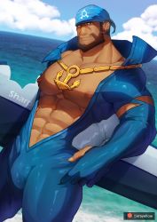 Rule 34 | 1boy, abs, anchor necklace, archie (pokemon), bandana, bara, bare pectorals, beard, blue bodysuit, bodysuit, brown hair, bulge, creatures (company), dark-skinned male, dark skin, facial hair, game freak, gold necklace, highres, jewelry, large pectorals, looking at viewer, male focus, masa yawara (yellow), muscular, muscular male, navel, navel hair, necklace, nintendo, nipples, open bodysuit, open clothes, pectorals, pokemon, pokemon oras, short hair, solo, stomach, thick thighs, thighs, torn bodysuit, torn clothes