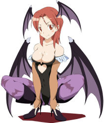 Rule 34 | 1girl, animal print, bare shoulders, bat print, bat wings, blush, breasts, bridal gauntlets, brown eyes, brown hair, capcom, cleavage, cosplay, face, full body, hands on feet, head wings, heart, high heels, leotard, medium breasts, minna-dietlinde wilcke, morrigan aensland, morrigan aensland (cosplay), pantyhose, print pantyhose, shoes, simple background, smile, solo, spread legs, squatting, strike witches, tanaka rie, umanosuke, vampire (game), voice actor connection, wings, world witches series