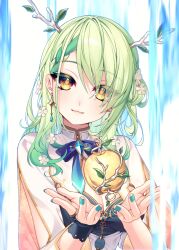 Rule 34 | 1girl, :3, apple, breasts, brown eyes, ceres fauna, ceres fauna (1st costume), cleavage, closed mouth, dangle earrings, earrings, food, fruit, golden apple, green hair, green nails, highres, hololive, hololive english, jewelry, large breasts, long hair, looking at viewer, murmoruno, smile, solo, upper body, virtual youtuber