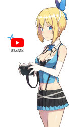 Rule 34 | 1girl, alternate hair length, alternate hairstyle, bare shoulders, blonde hair, blue eyes, breasts, cloba, commentary request, elbow gloves, gloves, hairband, head-mounted display, highres, looking at viewer, medium breasts, midriff, mirai akari, mirai akari project, parted lips, pleated skirt, short hair, simple background, skirt, smile, solo, suspender skirt, suspenders, virtual youtuber, white background, white gloves, youtube