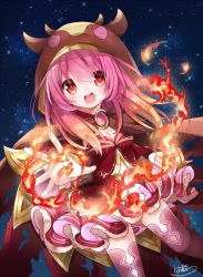 Rule 34 | 1girl, :o, breasts, brown cape, cape, clothing cutout, fire, hakuari (hina), hood, long hair, navel cutout, night, official art, original, outdoors, pink hair, pink skirt, red eyes, skirt, sky, small breasts, solo, standing, star (sky), starry sky, thighhighs, witch