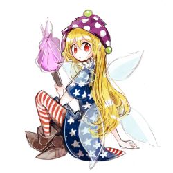 Rule 34 | 1girl, american flag dress, american flag legwear, blonde hair, boots, brown footwear, clownpiece, dress, fairy wings, fire, full body, hair between eyes, hat, highres, holding, holding torch, jester cap, long hair, looking at viewer, looking back, neck ruff, pantyhose, polka dot, purple hat, red eyes, short sleeves, simple background, sitting, solo, star (symbol), star print, striped, tama (hiroshige 36), torch, touhou, transparent wings, very long hair, white background, wings
