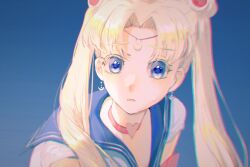 1girl bishoujo_senshi_sailor_moon blonde_hair blue_background blue_eyes blue_sailor_collar chinese_commentary choker chromatic_aberration colored_eyelashes commentary_request crescent crescent_earrings curtained_hair earrings heart heart_choker jewelry looking_at_viewer meme open_mouth parted_bangs raining_ji red_choker sailor_collar sailor_moon sailor_moon_redraw_challenge_(meme) shirt solo sweat twintails white_shirt