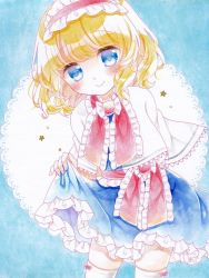 Rule 34 | 1girl, alice margatroid, ascot, blonde hair, blue dress, blue eyes, capelet, dress, frilled ascot, frills, hairband, kagome f, kneehighs, lance, lolita hairband, polearm, puffy short sleeves, puffy sleeves, red ascot, red hairband, short hair, short sleeves, smile, socks, touhou, weapon, white capelet