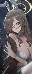 Rule 34 | 1girl, absurdres, against glass, akane (blue archive), akane (bunny) (blue archive), animal ears, black-framed eyewear, blue archive, blush, breasts, brown hair, brown shawl, cleavage, collarbone, detached collar, fake animal ears, glasses, hair over one eye, halo, highres, jacket, kji (rozo), large breasts, leotard, looking at viewer, night, official alternate costume, playboy bunny, rabbit ears, shawl, smile, solo, unworn jacket, white leotard