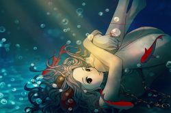 Rule 34 | 1girl, air bubble, bubble, fish, floating hair, going merry, gradient background, holding breath, hugging own legs, jewelry, long hair, marmaladica, necklace, nude, one piece, original, personification, seashell, shell, smile, solo, string, string of fate, underwater, wavy hair