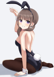 Rule 34 | 1girl, animal ears, arm support, arm up, ass, black pantyhose, blunt bangs, blush, breasts, brown hair, fake animal ears, fake tail, from behind, furutori, grin, highres, leotard, long hair, looking at viewer, low twintails, original, pantyhose, parted bangs, playboy bunny, purple eyes, rabbit ears, rabbit tail, sideboob, sidelocks, sitting, smile, tail, teeth, twintails, wrist cuffs