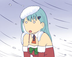 Rule 34 | 10s, 1girl, ascot, breasts, christmas tree hair ornament, cleavage, commentary request, detached sleeves, female focus, flat color, gradient background, green hair, hair ornament, ishii hisao, kantai collection, long hair, o o, snowing, solo, suzuya (kancolle), upper body, white background
