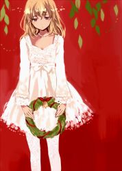 Rule 34 | 1girl, bell, blonde hair, bow, dress, jewelry, long hair, necklace, original, pantyhose, purple eyes, red background, sketch, solo, tan (tangent), wreath
