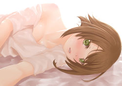 Rule 34 | 10s, 1girl, absurdres, bad id, bad pixiv id, blush, brown hair, green eyes, highres, kantai collection, looking at viewer, lying, mutsu (kancolle), off shoulder, on side, parted lips, puroheshi, short hair, solo, upper body