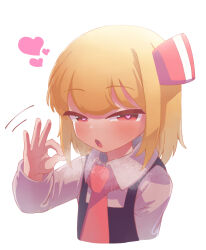 Rule 34 | 1girl, ascot, black vest, blonde hair, blush, collared shirt, fellatio gesture, hair ribbon, hand up, heart, heart-shaped pupils, highres, long sleeves, looking at viewer, open mouth, oral invitation, oyatu potage, red ascot, red eyes, red ribbon, ribbon, rumia, sexually suggestive, shirt, short hair, simple background, solo, symbol-shaped pupils, touhou, upper body, vest, white background, white shirt