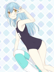 Rule 34 | 1girl, ass, blue hair, blue one-piece swimsuit, closed mouth, dutch angle, flat chest, fu ku1 437, grey background, hair between eyes, innertube, long hair, looking at viewer, one-piece swimsuit, other focus, rimuru tempest, school swimsuit, smile, solo, straight hair, swim ring, swimsuit, tensei shitara slime datta ken, v over eye, very long hair, yellow eyes