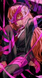 1girl arm_up belt black_belt black_coat black_pants black_vest bow coat commentary e.g.o_(project_moon) freckles hair_bow highres ishmael_(project_moon) limbus_company long_hair long_sleeves looking_at_viewer migishita necktie orange_hair pants pink_eyes pink_footwear pink_shoes_(project_moon) project_moon red_necktie roseate_desire_(e.g.o) solo sparkle very_long_hair vest white_bow