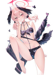 Rule 34 | 1girl, barefoot, bikini, black bag, black bikini, black bow, black choker, blue archive, blush, bow, breasts, choker, closed mouth, collarbone, feet, gun, hair bow, hair ornament, halo, head wings, highres, koharu (blue archive), koharu (swimsuit) (blue archive), looking at viewer, low wings, medium hair, navel, pink eyes, pink hair, ririko (zhuoyandesailaer), simple background, small breasts, solo, stomach, swimsuit, thighs, twintails, weapon, white background, wings