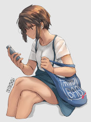 Rule 34 | 1girl, bag, blue skirt, breasts, brown eyes, brown hair, cellphone, closed mouth, commentary request, cropped legs, crossed legs, earphones, ergot, grey background, hair between eyes, highres, holding, holding phone, invisible chair, kantai collection, miyuki (kancolle), official alternate costume, phone, shirt, short hair, short sleeves, signature, simple background, sitting, skirt, small breasts, smartphone, solo, suspender skirt, suspenders, white shirt