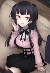 Rule 34 | 1girl, :d, arm at side, bad perspective, black hair, black skirt, black thighhighs, blunt bangs, bookshelf, bow, bowtie, brown eyes, buttons, couch, dress, frilled shirt collar, frills, hand up, highres, idolmaster, idolmaster shiny colors, long hair, long sleeves, looking at viewer, mayuzumi fuyuko, open mouth, pillow, pink dress, red bow, red bowtie, sakuma (yr 0920), sitting, skirt, smile, solo, thighhighs, two side up, wooden floor, zettai ryouiki