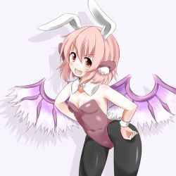 Rule 34 | 1girl, animal ears, bad id, bad pixiv id, black pantyhose, bow, bowtie, breasts, detached collar, fang, geso (nekomachi), leotard, mystia lorelei, open mouth, pantyhose, pink hair, playboy bunny, rabbit ears, rabbit tail, red eyes, short hair, small breasts, smile, solo, tail, touhou, wings