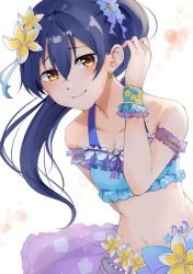 Rule 34 | 1girl, bare shoulders, bikini, blue bikini, blue hair, blush, closed mouth, collarbone, commentary request, earrings, flower, frilled bikini, frills, hair between eyes, hair flower, hair ornament, highres, jewelry, long hair, looking at viewer, love live!, love live! school idol festival, love live! school idol project, side ponytail, simple background, smile, solo, sonoda umi, standing, swimsuit, upper body, white background, yellow eyes, zunda mochi (zundamochilala)