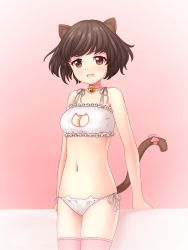 Rule 34 | 10s, 1girl, akiyama yukari, animal ears, aposine, bad id, bad tumblr id, bell, bow, bra, breasts, brown eyes, brown hair, cat cutout, cat ear panties, cat ears, cat girl, cat lingerie, cat tail, choker, cleavage cutout, clothing cutout, cowboy shot, female focus, frilled bra, frills, girls und panzer, highres, jingle bell, looking at viewer, matching hair/eyes, medium breasts, meme attire, navel, open mouth, panties, pink background, pink bow, pink thighhighs, shiny skin, short hair, side-tie panties, simple background, smile, solo, standing, sweat, tail, tail bow, tail ornament, thighhighs, underwear, underwear only, white bra, white panties